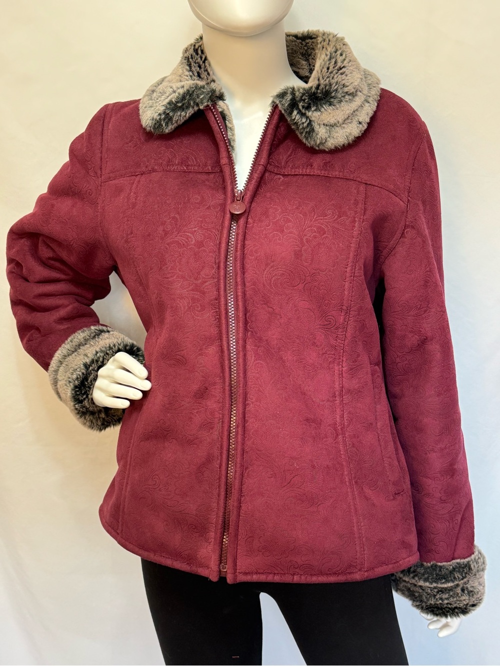 Outback Trading Co. Vintage Ladies Tooled Burgundy Faux Suede & Fur Jacket